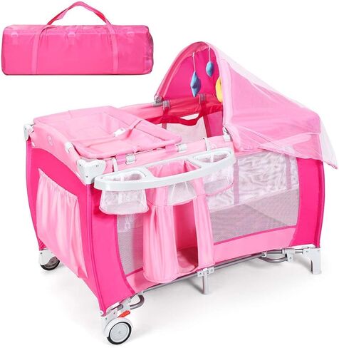 HONEY JOY Pack and Play with Bassinet, 4-in-1 Portable Baby Playard w/Changing Table, Net & Cute Toys, Diaper Storage Bag, Music Box, Wheels with Brake, Foldable Newborn Play Yard w/Carry Bag(Pink) in Saudi Arabia
