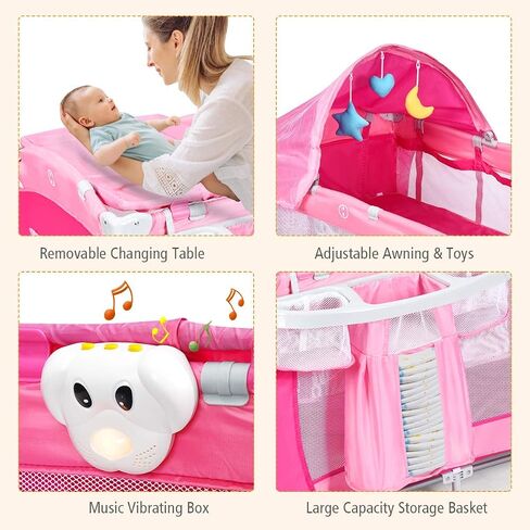 HONEY JOY Pack and Play with Bassinet, 4-in-1 Portable Baby Playard w/Changing Table, Net & Cute Toys, Diaper Storage Bag, Music Box, Wheels with Brake, Foldable Newborn Play Yard w/Carry Bag(Pink) in Saudi Arabia