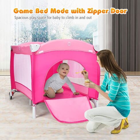 HONEY JOY Pack and Play with Bassinet, 4-in-1 Portable Baby Playard w/Changing Table, Net & Cute Toys, Diaper Storage Bag, Music Box, Wheels with Brake, Foldable Newborn Play Yard w/Carry Bag(Pink) in Saudi Arabia