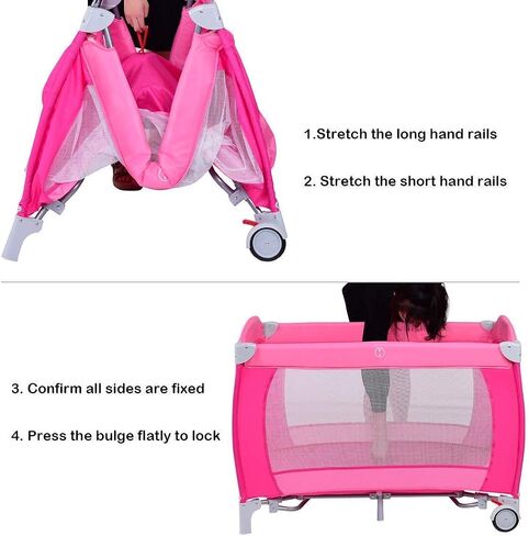 HONEY JOY Pack and Play with Bassinet, 4-in-1 Portable Baby Playard w/Changing Table, Net & Cute Toys, Diaper Storage Bag, Music Box, Wheels with Brake, Foldable Newborn Play Yard w/Carry Bag(Pink) in Saudi Arabia
