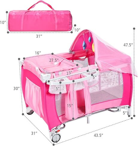HONEY JOY Pack and Play with Bassinet, 4-in-1 Portable Baby Playard w/Changing Table, Net & Cute Toys, Diaper Storage Bag, Music Box, Wheels with Brake, Foldable Newborn Play Yard w/Carry Bag(Pink) in Saudi Arabia