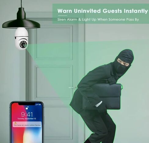 كاميرا مصباح أمان ذكي ، WiFi ، 355 ° PAN و 95 ° TILT ، مقبس E27 ، الرؤية الليلية HD ، الصوت ثنائي الاتجاه ، التحكم في التطبيق in Kuwait
