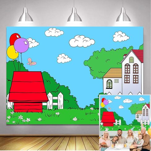 Cartoon Red House Photography Backdrop Blue Sky Grass Balloon Outdoor Background Party Decorations Kids Birthday Photo Booth Banner Cake Table Props (5x3 FT) in Saudi Arabia