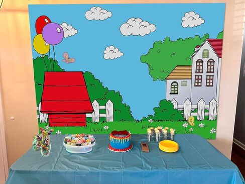 Cartoon Red House Photography Backdrop Blue Sky Grass Balloon Outdoor Background Party Decorations Kids Birthday Photo Booth Banner Cake Table Props (5x3 FT) in Saudi Arabia