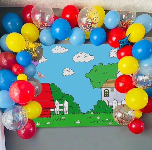 Cartoon Red House Photography Backdrop Blue Sky Grass Balloon Outdoor Background Party Decorations Kids Birthday Photo Booth Banner Cake Table Props (5x3 FT) in Saudi Arabia