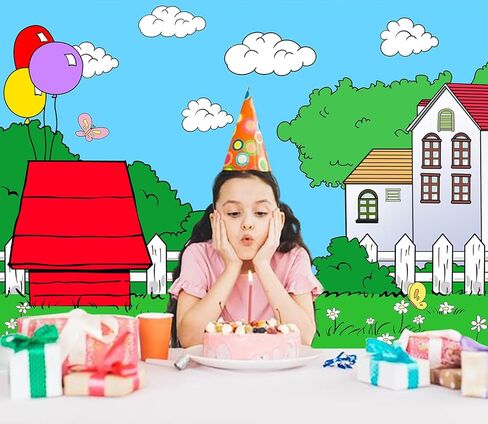 Cartoon Red House Photography Backdrop Blue Sky Grass Balloon Outdoor Background Party Decorations Kids Birthday Photo Booth Banner Cake Table Props (5x3 FT) in Saudi Arabia