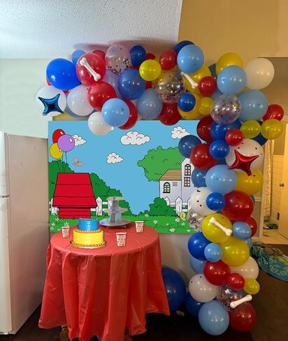 Cartoon Red House Photography Backdrop Blue Sky Grass Balloon Outdoor Background Party Decorations Kids Birthday Photo Booth Banner Cake Table Props (5x3 FT) in Saudi Arabia
