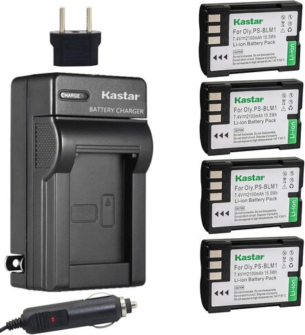 بطارية Kastar (4 عبوات) ومجموعة الشاحن لأوليمبوس BLM-1 ، BLM-01 ، PS-BLM1 يعمل لأوليمبوس C-5060 ، C-7070 ، C-8080 ، E-1 ، E-3 ، E-30 ، E-520 ، EVOLT E-300 ، E-330 ، E-500 ، E-510 in Kuwait