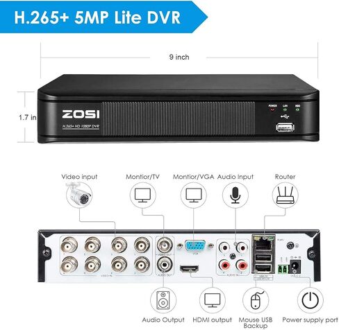 Zosi H.265+ 1080p 8 CCTV DVR مسجل مع محرك أقراص ثابت 1 تيرابايت ، وصول عن بُعد ، إمكانية هجين 4-في 1 (تمثيلي/AHD/TVI/CVI) DVR لكاميرا الأمان (متجددة) in Saudi Arabia