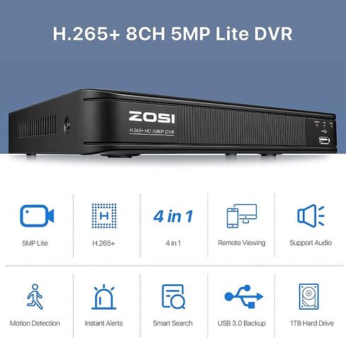 Zosi H.265+ 1080p 8 CCTV DVR مسجل مع محرك أقراص ثابت 1 تيرابايت ، وصول عن بُعد ، إمكانية هجين 4-في 1 (تمثيلي/AHD/TVI/CVI) DVR لكاميرا الأمان (متجددة) in Saudi Arabia