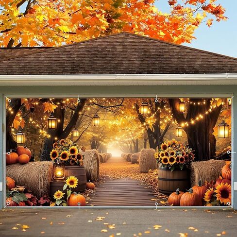Fall Garage Door Cover Banner 7x16ft Thanksgiving Autumn Forest Backdrop Decorations Harvest Pumpkin Sunflower Leaves Background Mural for Home Outdoor Indoor Wall Window Yard in Saudi Arabia