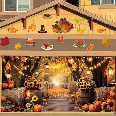 Fall Garage Door Cover Banner 7x16ft Thanksgiving Autumn Forest Backdrop Decorations Harvest Pumpkin Sunflower Leaves Background Mural for Home Outdoor Indoor Wall Window Yard in Saudi Arabia