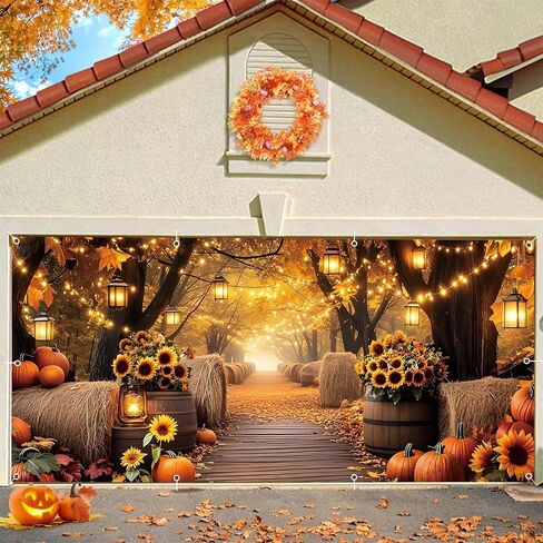 Fall Garage Door Cover Banner 7x16ft Thanksgiving Autumn Forest Backdrop Decorations Harvest Pumpkin Sunflower Leaves Background Mural for Home Outdoor Indoor Wall Window Yard in Saudi Arabia