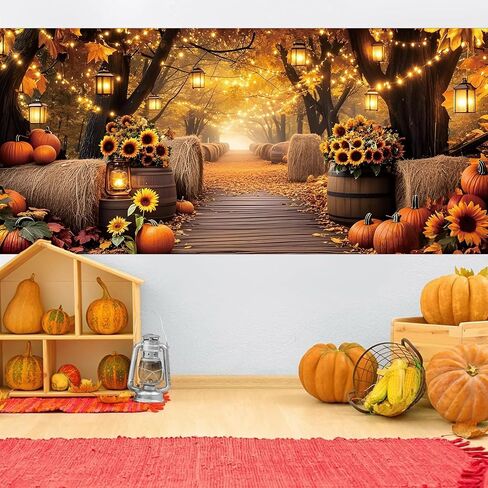 Fall Garage Door Cover Banner 7x16ft Thanksgiving Autumn Forest Backdrop Decorations Harvest Pumpkin Sunflower Leaves Background Mural for Home Outdoor Indoor Wall Window Yard in Saudi Arabia