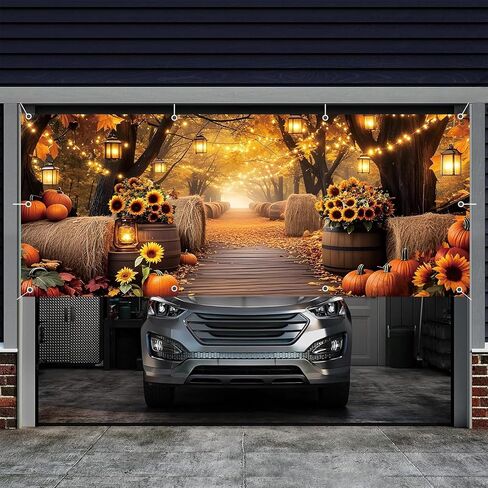 Fall Garage Door Cover Banner 7x16ft Thanksgiving Autumn Forest Backdrop Decorations Harvest Pumpkin Sunflower Leaves Background Mural for Home Outdoor Indoor Wall Window Yard in Saudi Arabia