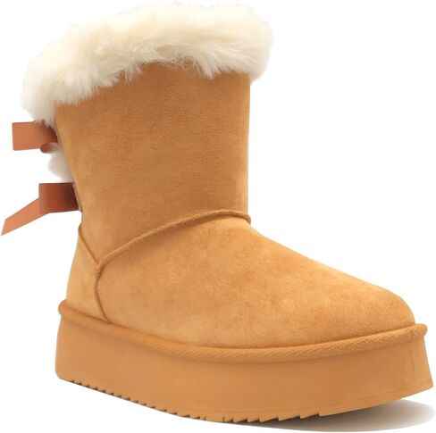 REDVOLUTION Women's Classic Fuzzy Platform Boot Fringe Accent Snow Boots Butterfly Bow-Accent Fashion Boots with Anti-Slip Outsole Outdoor in Kuwait