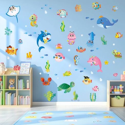 Joyartu Under the Sea Fish Wall Secals Sharks Sharks Seaweed Ocean Wall Stickers للحضانة أو غرفة اللعب أو الفصل الدراسي - Peel and Stick Sea Creatures Art (Shark ، Dolphin ، Turtle ، Jellyfish) in Saudi Arabia