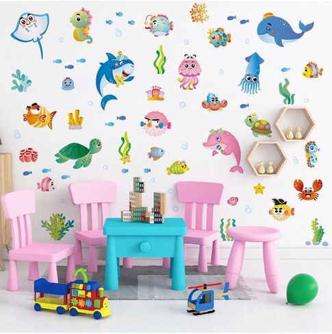Joyartu Under the Sea Fish Wall Secals Sharks Sharks Seaweed Ocean Wall Stickers للحضانة أو غرفة اللعب أو الفصل الدراسي - Peel and Stick Sea Creatures Art (Shark ، Dolphin ، Turtle ، Jellyfish) in Saudi Arabia