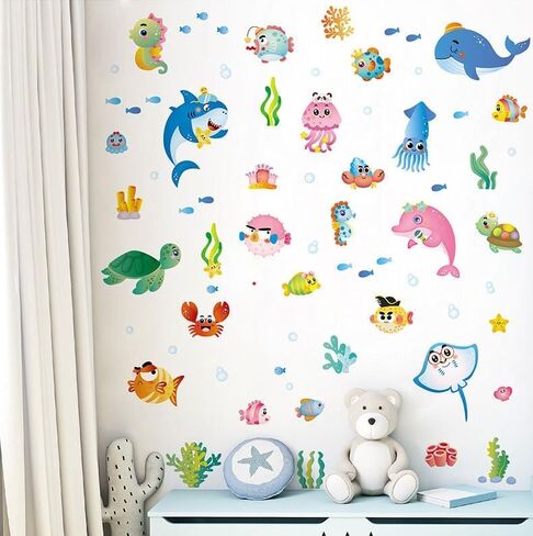 Joyartu Under the Sea Fish Wall Secals Sharks Sharks Seaweed Ocean Wall Stickers للحضانة أو غرفة اللعب أو الفصل الدراسي - Peel and Stick Sea Creatures Art (Shark ، Dolphin ، Turtle ، Jellyfish) in Saudi Arabia