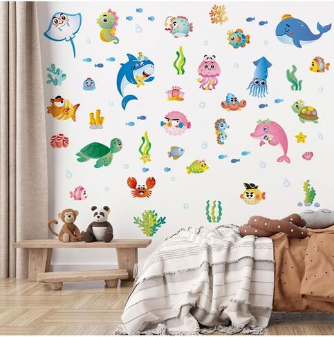 Joyartu Under the Sea Fish Wall Secals Sharks Sharks Seaweed Ocean Wall Stickers للحضانة أو غرفة اللعب أو الفصل الدراسي - Peel and Stick Sea Creatures Art (Shark ، Dolphin ، Turtle ، Jellyfish) in Saudi Arabia