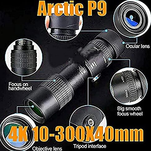 Telescope - 4K 10-300x40mm Super Telephoto Zoom Monocular Telescope High Power Monocular High Power Prism Monocular and Quick Smartphone Holder in Saudi Arabia