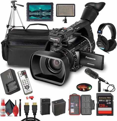 Panasonic AG-AC160 AVCCAM HD Camcorder-22x Zoom Lens ، مستشعر 3MOS ، فتحات بطاقة SD المزدوجة ، 1080p/60p تسجيل + 2x 128GB بطاقة الذاكرة + ميكروفون خارجي + 7 "شاشة 4K + سماعات ستيريو + أكثر in Kuwait