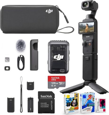 DJI Osmo Pocket 3 Creator Combo Bundle مع جهاز إرسال/مسجل مقطع ، وعدسة زاوية عريضة ، مقبض البطارية ، ترايبود صغير ، حقيبة حمل + 128GB Micro SD ، حزمة برامج محرر الصور/الفيديو in Kuwait