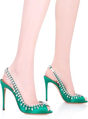 High Heels Womens Open Toe Stiletto Rhinestone Chains Sandals Elastic Strap Pumps Slingback Wedding Dress Shoes 11cm,White-38 in Saudi Arabia