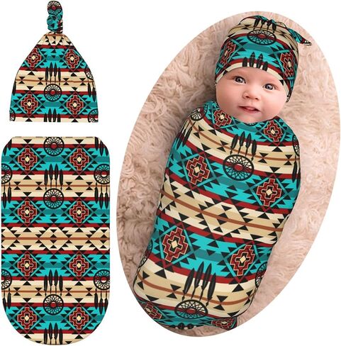 أطفال الأطفال الغربيين Aztec Navajo Newborn Baby Swaddle بطانية أمريكا الأصلية لفائف النوم ناعمًا مع قبعة قبعة قبعة للبنين الرضيعون in Kuwait