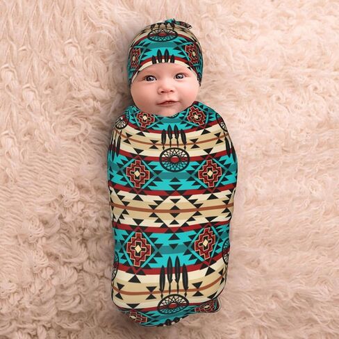 أطفال الأطفال الغربيين Aztec Navajo Newborn Baby Swaddle بطانية أمريكا الأصلية لفائف النوم ناعمًا مع قبعة قبعة قبعة للبنين الرضيعون in Kuwait
