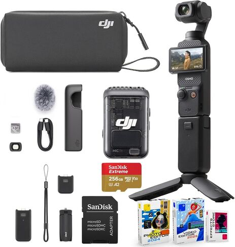 DJI Osmo Pocket 3 Creator Combo Bundle مع جهاز إرسال/مسجل مقطع ، وعدسة زاوية واسعة ، مقبض البطارية ، ترايبود صغير ، حقيبة حمل + 256 جيجا بايت Micro SD ، حزمة برامج محرر الصور/الفيديو in Kuwait