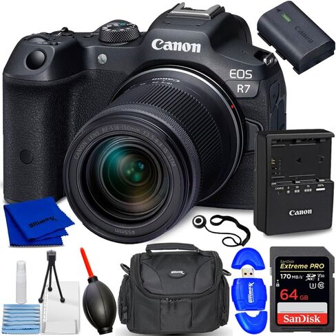 Canon EOS R7 Mirrorless Camera with 18-150mm Lens - Bundle Includes: Extreme Pro 64GB SD, Card Reader, Gadget Bag, Blower, Microfiber Cloth and Cleaning Kit (International Verison) (Renewed) in Saudi Arabia