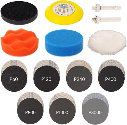 57pcs Polishing and Sanding Kit 3 Inch Discs with 7 Grit Sandpapers (60 to 3000), Sponge Pads, Wool Pad, Buffing Pad, Backing Plate & Mandrels for Automotive, Wood, Metal & DIY Projects in Saudi Arabia