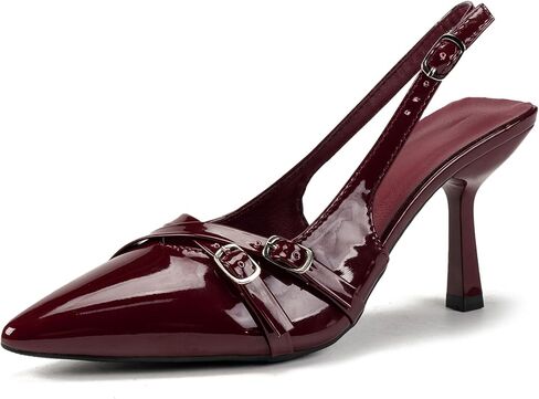 Women's Slingback Heels with Buckle Straps – Pointed Toe Burgundy Patent Leather Dress Sandals – Sexy Stiletto Pumps for Work, Party, Wedding and Evening Outfits in Saudi Arabia