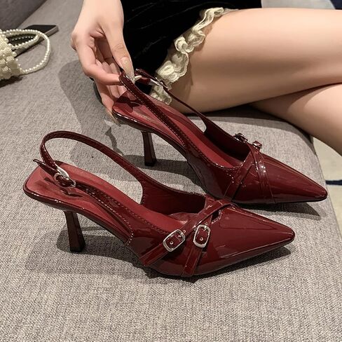 Women's Slingback Heels with Buckle Straps – Pointed Toe Burgundy Patent Leather Dress Sandals – Sexy Stiletto Pumps for Work, Party, Wedding and Evening Outfits in Saudi Arabia