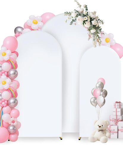 Hemmotop White Arch Backdrop Cover, Set of 3 (7.2/6.6/6 ft) Wedding Arch Stand Cover, Arched Stretchy Spandex Backdrop for Birthday Party, Baby Shower, Graduation, Banquet Decoration, 3 Pieces in Kuwait