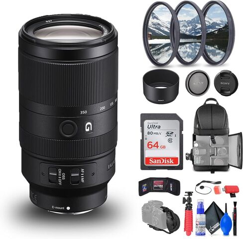 Sony E 70-350mm f/4.5-6.3 G OSS Lens (SEL70350G) + 64GB Memory Card + Filter Kit + Backpack + Card Reader + Flex Tripod + Memory Wallet + Cap Keeper + Cleaning Kit + Hand Strap (Renewed) in Saudi Arabia