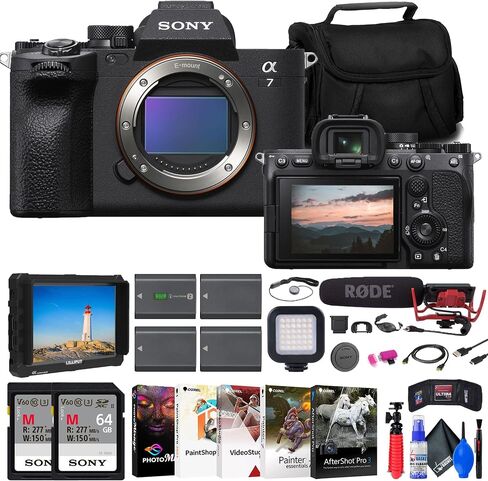 كاميرا Sony A7 IV IV Lirrorless (ILCE-7M4/B) + 4K Monitor + Rode Videomic + 2 × 64GB بطاقة + حقيبة + 3 X NP-FZ100 ببطارية متوافقة + CARD READER + LED LITED + COREL PHOTORIAL + المزيد (متجدد) in Saudi Arabia