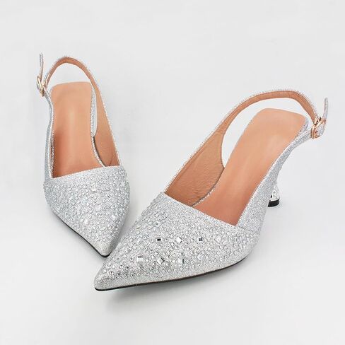 Women's Glitter Rhinestone Slingback Kitten Heels Closed Pointed Toe Adjustable Ankle Buckle Slip On Sparkly Pumps Comfortable Heels for Wedding Party Prom Dressy in Kuwait