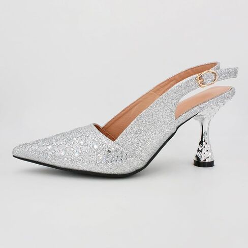 Women's Glitter Rhinestone Slingback Kitten Heels Closed Pointed Toe Adjustable Ankle Buckle Slip On Sparkly Pumps Comfortable Heels for Wedding Party Prom Dressy in Kuwait