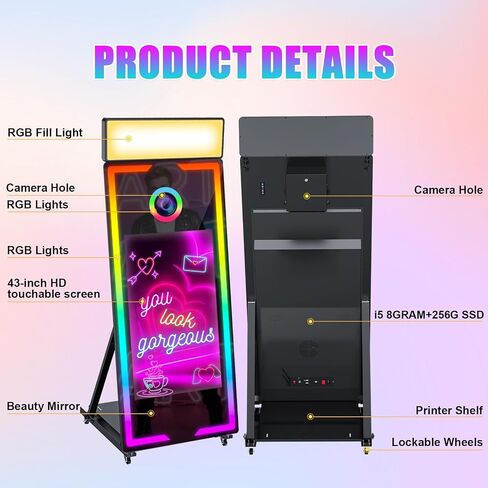 Magic Mirror Photo Booth 65’’ with Camera and Printer, Selfie Mirror Photo Booth App Remote Control RGB Light,Instant Print and Sharing 43’’ Touch Screen for Event Party Wedding Rental in Saudi Arabia