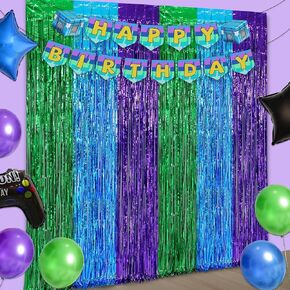 ديكورات عيد ميلاد ألعاب الفيديو ، 2 عبوة خضراء زرقاء أرجوانية ألعاب الستائر الخلفية الهاموب مع 1PCS لافتة حفلة عيد ميلاد للأولاد الأطفال اللاعبين ألعاب ألعاب ألعاب اللاعبين in Kuwait
