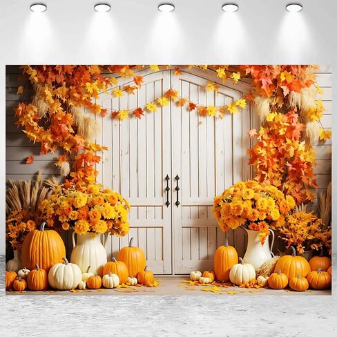 7x5ft Fall Backdrop Autumn Maple Leaves Pumpkin Floral Rustic Barn Door Photography Background for Fall Thanksgiving Day Harvest Party Banner Decorations Kids Adults Portraits Photo Studio Props in Saudi Arabia