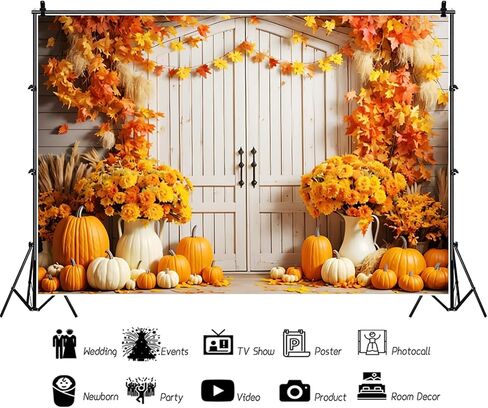 7x5ft Fall Backdrop Autumn Maple Leaves Pumpkin Floral Rustic Barn Door Photography Background for Fall Thanksgiving Day Harvest Party Banner Decorations Kids Adults Portraits Photo Studio Props in Saudi Arabia
