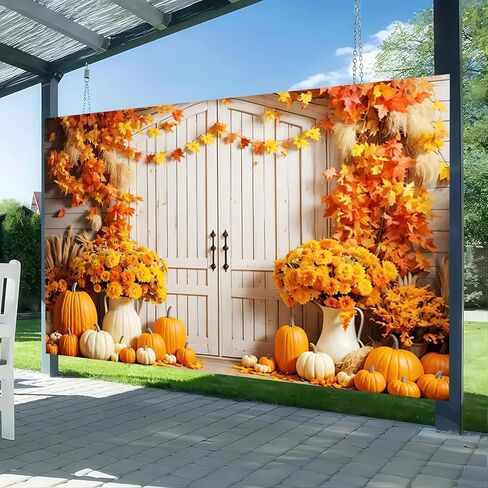 7x5ft Fall Backdrop Autumn Maple Leaves Pumpkin Floral Rustic Barn Door Photography Background for Fall Thanksgiving Day Harvest Party Banner Decorations Kids Adults Portraits Photo Studio Props in Saudi Arabia