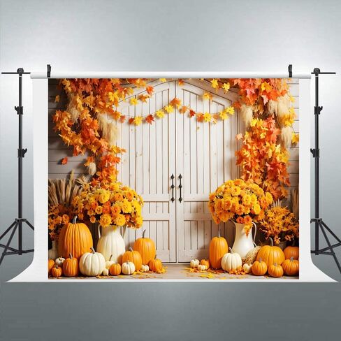 7x5ft Fall Backdrop Autumn Maple Leaves Pumpkin Floral Rustic Barn Door Photography Background for Fall Thanksgiving Day Harvest Party Banner Decorations Kids Adults Portraits Photo Studio Props in Saudi Arabia