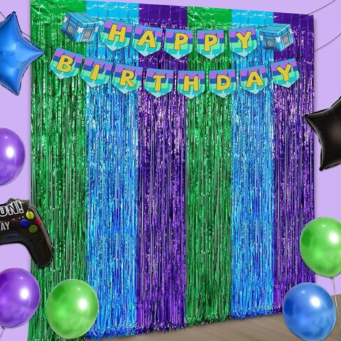 ديكورات عيد ميلاد ألعاب الفيديو ، 2 عبوة خضراء زرقاء أرجوانية ألعاب الستائر الخلفية الهاموب مع 1PCS لافتة حفلة عيد ميلاد للأولاد الأطفال اللاعبين ألعاب ألعاب ألعاب اللاعبين in Kuwait