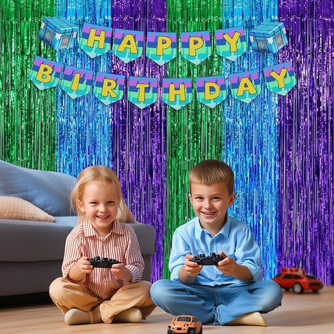 ديكورات عيد ميلاد ألعاب الفيديو ، 2 عبوة خضراء زرقاء أرجوانية ألعاب الستائر الخلفية الهاموب مع 1PCS لافتة حفلة عيد ميلاد للأولاد الأطفال اللاعبين ألعاب ألعاب ألعاب اللاعبين in Kuwait