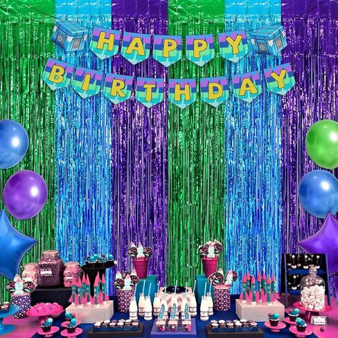 ديكورات عيد ميلاد ألعاب الفيديو ، 2 عبوة خضراء زرقاء أرجوانية ألعاب الستائر الخلفية الهاموب مع 1PCS لافتة حفلة عيد ميلاد للأولاد الأطفال اللاعبين ألعاب ألعاب ألعاب اللاعبين in Kuwait