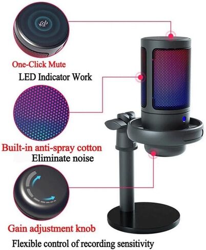 ميكروفون معدني مكثف مع RGB Lights Professional التسجيل Desktop Podcast Mic in Saudi Arabia